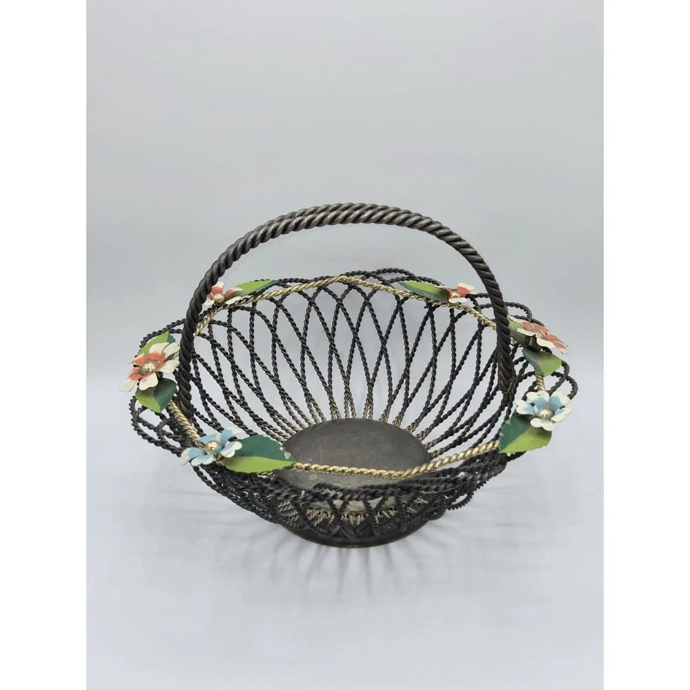 Vintage Silver Plate Wirework Basket Floral Painted Flowers Twisted Handle Japan